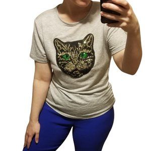 Melissa Masse Womens Gray Sequin Cat Shirt Size Medium